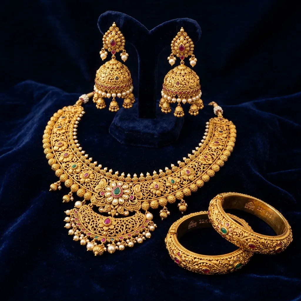 Gold Jewellery — 22K Hallmarked Necklace, Jhumkas & Kadas at Monika Jewellers Nizamabad